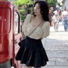 Puff-sleeve Sweetheart Neckline Crinkle Blouse / High-waist Mini A-line Skirt