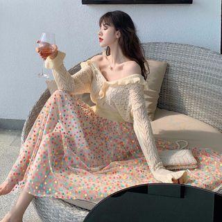 Ruffle Trim Cardigan / Camisole / Midi Dotted A-line Skirt