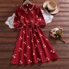 Cherry Embroidered Long-sleeve Midi A-line Dress