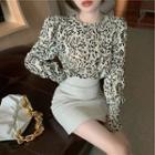 Long-sleeve Printed Blouse / Fitted Faux Leather Mini Skirt