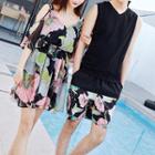 Couple Matching Plain Tank Top / Printed Shorts / Printed Off-shoulder Elbow-sleeve A-line Dress