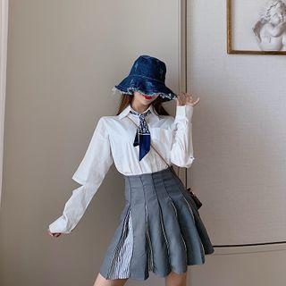 Set: Pocket Detail Shirt + Striped Pleated Skirt