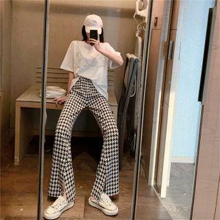 Houndstooth High-waist Wide-leg Pants / Elbow-sleeve T-shirt