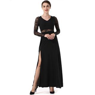 Lace Panel Long-sleeve Maxi Dress