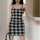 Spaghetti Strap Gingham Check Mini Bodycon Dress / Cardigan