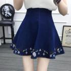 Flower Embroidered Denim A-line Skirt