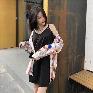 Cartoon Print Shirt / V-neck Mini Spaghetti Strap Dress