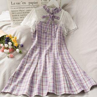 Patchwork Ribbon-neckline Plaid Mini Dress