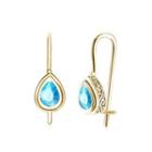 925 Sterling Gold Plated Retro Elegant Fashion Water Drop Shape Earrings With Light Blue Cubic Zircon Golden - One Size