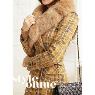 Belted Peaked-lapel Plaid Coat