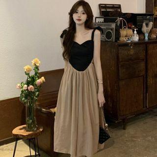 Spaghetti Strap Sweetheart Neckline Two-tone Midi A-line Dress Black & Khaki - One Size
