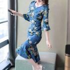 Flower Print Ruffle Hem 3/4-sleeve Sheath Dress