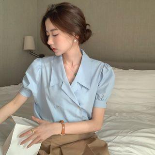Short-sleeve Double-breasted Blouse Blue - One Size