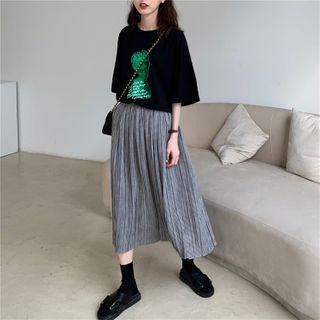Elbow-sleeve Printed T-shirt / Pleated Skirt