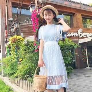 Set: Crew-neck Short-sleeve T-shirt Dress + Mesh Suspender Skirt