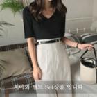Linen Blend Slit-front A-line Long Skirt With Belt