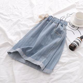 Drawstring-waist Pinstriped Denim Straight-cut Shorts Light Blue - One Size