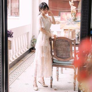 Elbow-sleeve Frill Trim Lace A-line Midi Dress