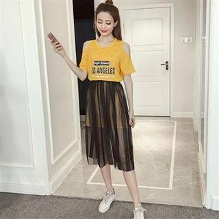 Set: Cutout-shoulder Dress + Mesh Skirt Yellow - One Size