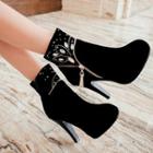 Faux Suede Rhinestone Zipper Accent High Heel Booties