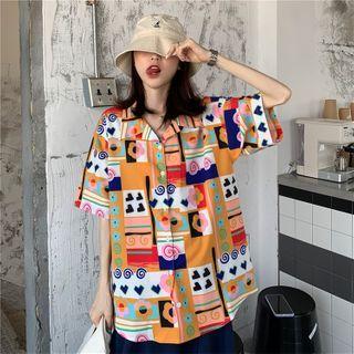 Short-sleeve Printed Shirt / Midi A-line Skirt