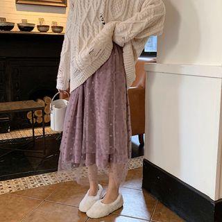 Polka Dot Mesh Overlay A-line Midi Velvet Skirt