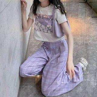Short-sleeve Floral Print Cropped T-shirt / Plaid Wide Leg Pants