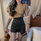 Puff-sleeve Knit Top With Arm Sleeves / Mini Skirt