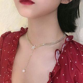 Rhinestone Star Pendant Pearl Drop Choker Cx1632 - Faux Pearl - Star - Gold - One Size
