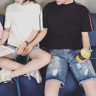 Contrast Trim Short Sleeve Couple Matching T-shirt