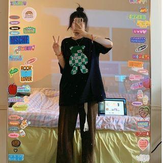 Short Sleeve Checkered Bear Print Oversized T-shirt