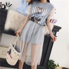 Set: Printed Lace Panel Short Sleeve T-shirt Dress + Dotted Mesh Skirt