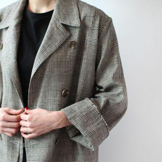 Linen Double-breasted Check Long Jacket