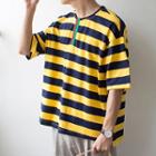 Elbow-sleeve Striped Placket T-shirt