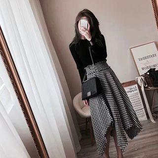 Set: Long-sleeve Knit Top + Houndstooth Asymmetrical A-line Skirt