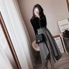 Set: Long-sleeve Knit Top + Houndstooth Asymmetrical A-line Skirt