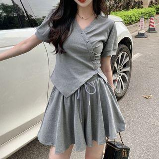 Set: Short-sleeve Irregular T-shirt + Wide Leg Shorts