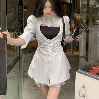 Set: Heart Cut-out Plain Blouse + Ruched Shorts