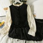 Colorblock Ruffle-neckline Velvet Midi Dress Black - One Size