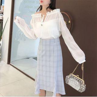 Set: Off-shoulder Blouse + Plaid Midi A-line Skirt