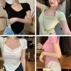 Short-sleeve Square-neck Plain Slim-fit Top