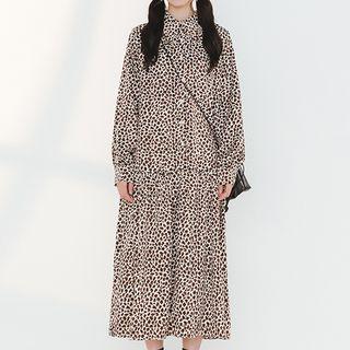 Leopard Long-sleeve Midi A-line Dress