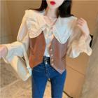 Frill Trim Blouse / Faux Leather Vest