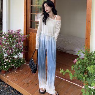 Long-sleeve Lettuce Edge Cropped T-shirt / Wide Leg Pants