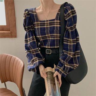 Plaid Square-neck Tie-back Cropped Blouse
