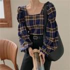 Plaid Square-neck Tie-back Cropped Blouse