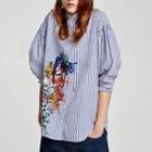 Floral Embroidered Long-sleeved Print Open-front Striped Blouse