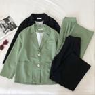 Set: Plain Double-pocketed Long-sleeve Blazer + High-waist Pants
