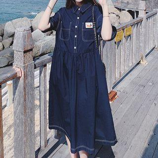 Elbow-sleeve Contrast Stitching Midi Shirt Dress
