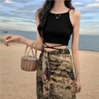 Sleeveless Plain Cropped Top / Print Skirt (various Design)